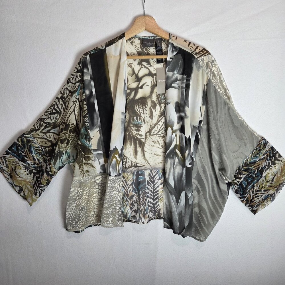 Chico's Travelers Duster 2 Large Sheer Boho Safari Lotus Mix Patchwork Open